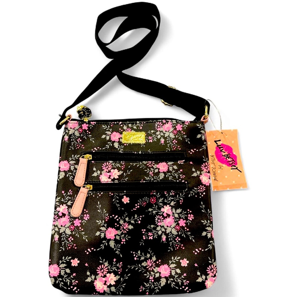 Betsey Johnson Black and Pink Floral Crossbody Bag